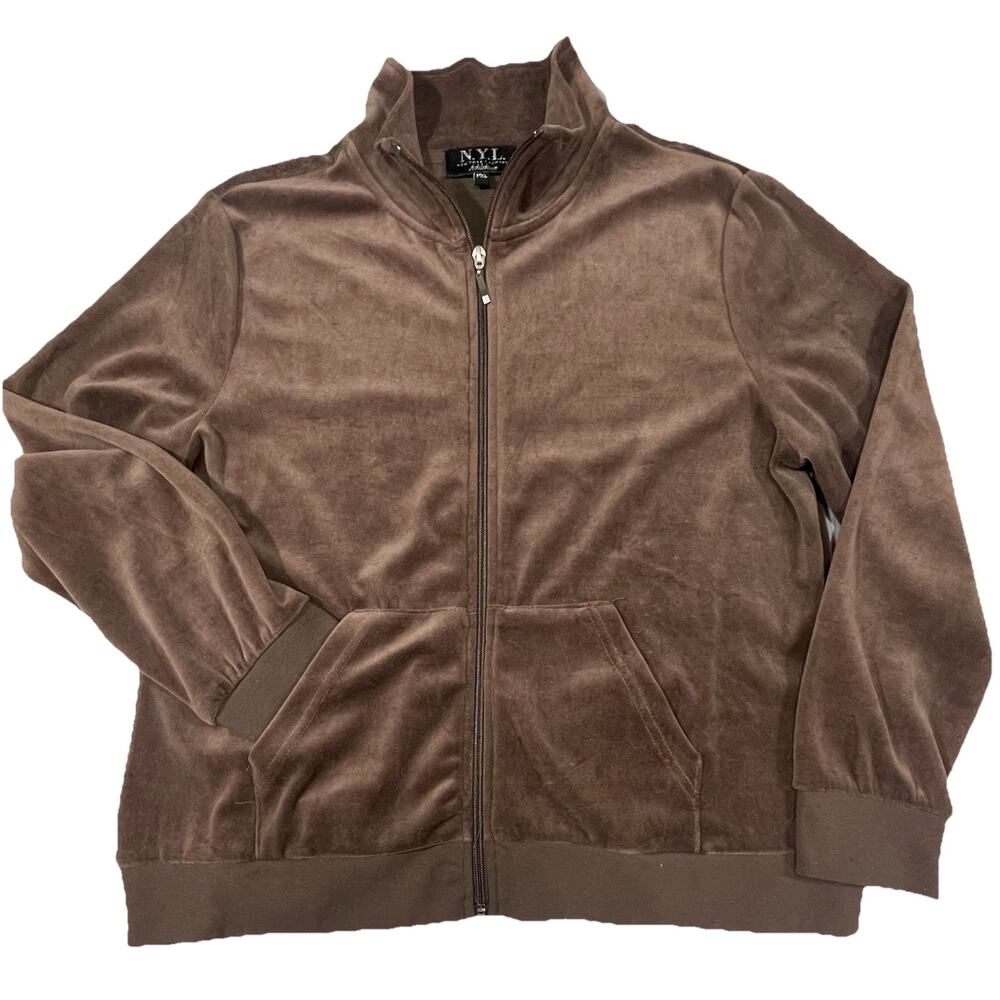 NYL Athleisure Velvet Jacket Sweater Chocolate Brown Granola Sporty Chic Sz PXL